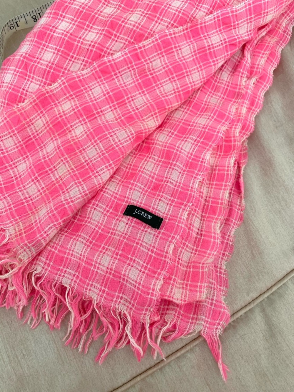 JCrew Pink Gingham Plaid Fringe Scarf